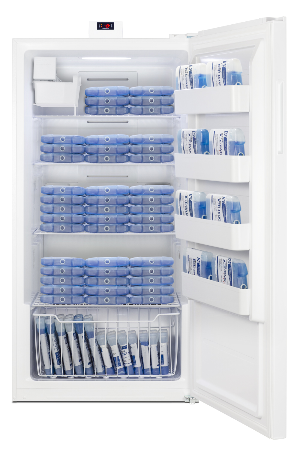 Upright frost-free freezer with factory-installed icemaker for general purpose storage with digital controls and white exterior finish